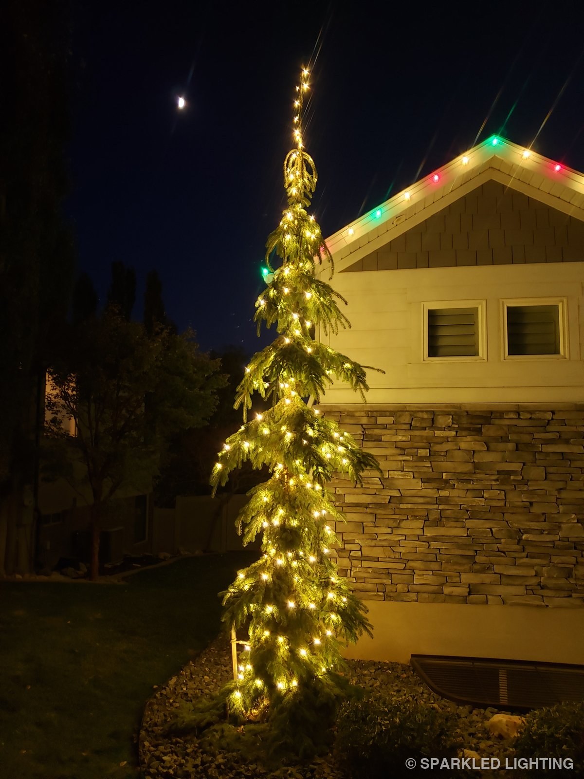 A yard tree wrapped in warm white Christmas lights at the same North Ogden Utah home