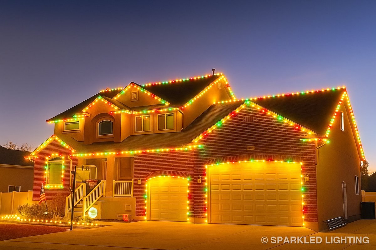 A two-story Syracuse UT home at dusk with classic red, green, and yellow Christmas light installation by Sparkled Lighting — the Claus package