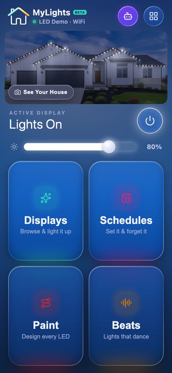 myLights app dashboard — the See Your House hero, Lights On with brightness control, and the Displays, Schedules, Paint and Beats tiles