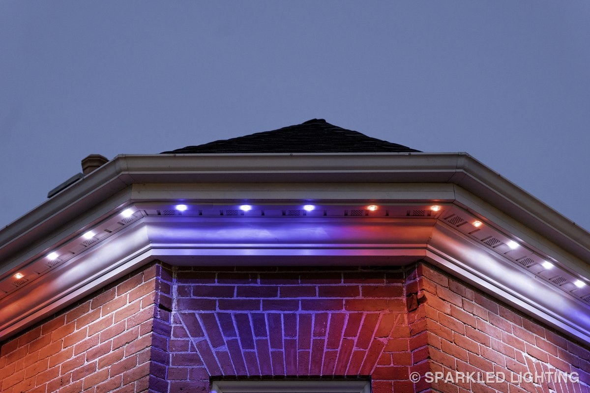 Close-up of permanent LED lights on a Kaysville Utah turret in red, white and blue